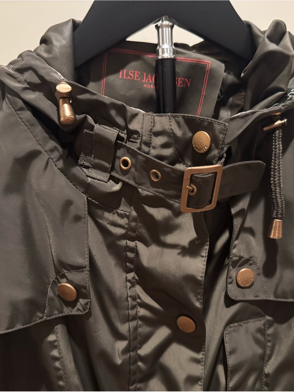Ilse Jacobsen Olive Green Hooded Raincoat with Brass Hardware
